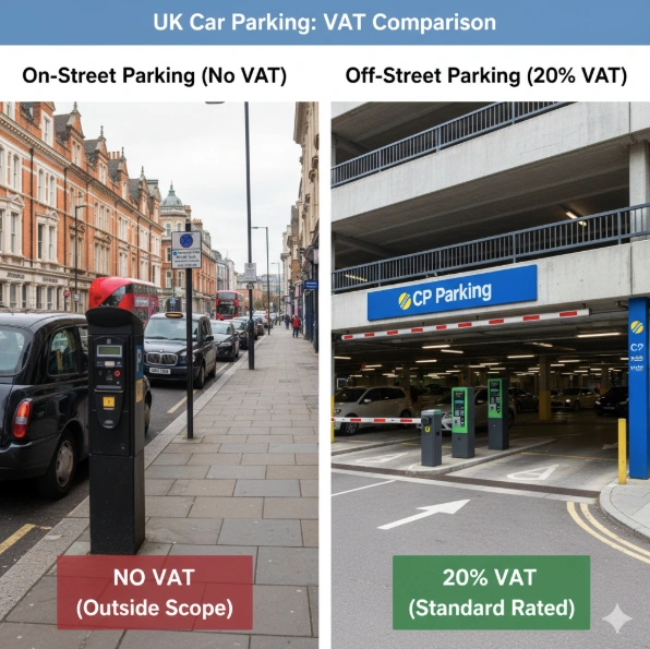UK car parking VAT comparison for on-street and off-street car parking.