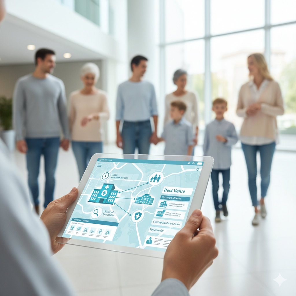 A person holds a transparent tablet displaying a healthcare comparison app with a family walking in a bright hospital lobby in the background.